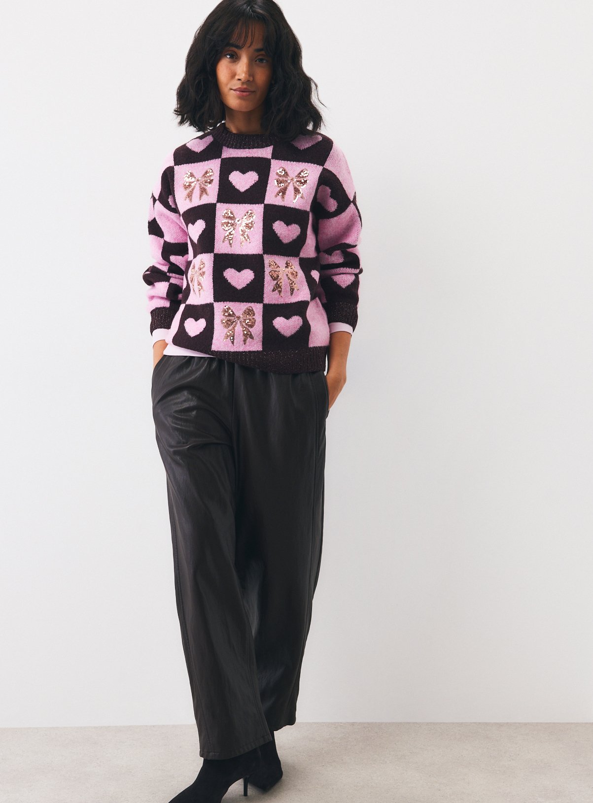 Christmas Purple Checkerboard Bow Jumper XS - Image 3 thumbnail
